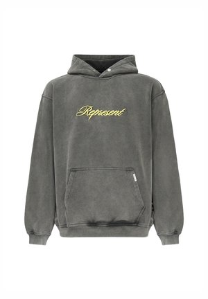 Felpa con cappuccio in cotone grigio sbiadito, dotata di tasca frontale a marsupio, polsini a coste e la parola "Represent" ricamata in giallo.