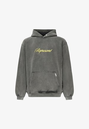 Sweat à capuche en coton gris délavé avec une poche kangourou frontale, des poignets côtelés et le mot "Represent" brodé en jaune.