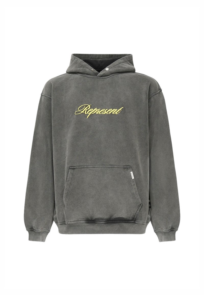 Sudadera con capucha en algodón gris desgastado, con un bolsillo canguro frontal, puños de canalé y la palabra "Represent" bordada en amarillo.