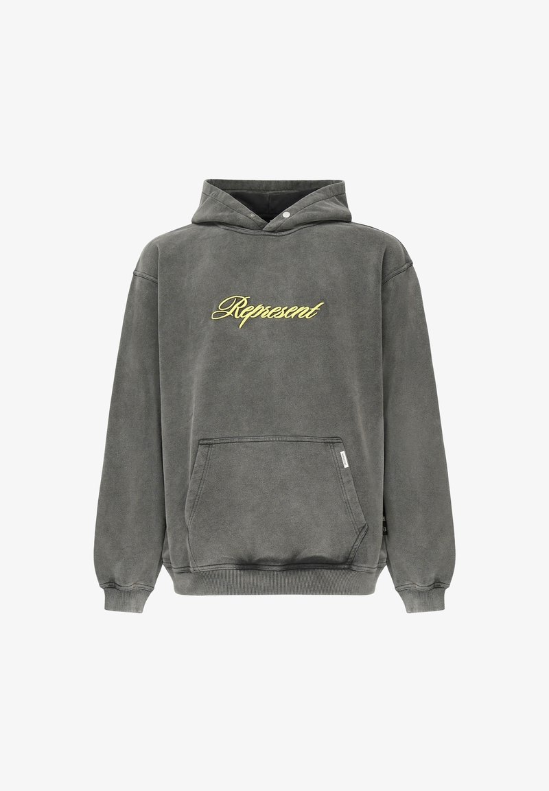 Sudadera con capucha en algodón gris desgastado, con un bolsillo canguro frontal, puños de canalé y la palabra "Represent" bordada en amarillo.