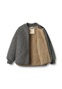 Szara pikowana kurtka z miękką, beżową podszewką z polaru, ściągaczami na mankietach i kołnierzu. Przód otwarty, ukazujący wewnętrzną teksturę i oznaczenia wewnątrz.