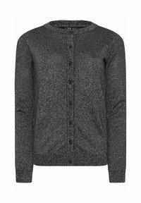 Svart och grå stickad cardigan med rund halsringning, knappstängning fram och långa ärmar. Har ett texturerat mönster genom hela plagget.