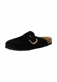 Sorte semsket slip-on sko med kork såle, med avrundet tå og detaljer i gullfarget spenne på stroppen. Gummisåle for godt grep.
