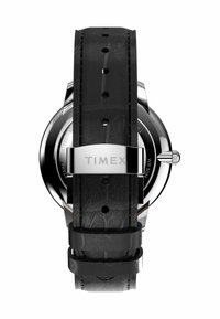 Black leather watch strap with a stainless steel clasp, featuring a textured surface, rivets, and "TIMEX" engraved on the buckle.