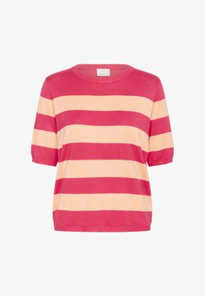 Rövid ujjú, kötött felső, váltakozó rózsaszín és tejszínszín vízszintes csíkokkal. Kerek nyakkivágással és laza szabással rendelkezik, puha tapintású.