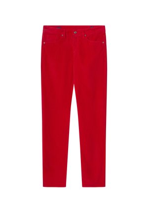 Pantaloni in corduroy rossi con taglio dritto, dotati di tasche frontali, chiusura con zip e una sottile texture che attraversa il tessuto.