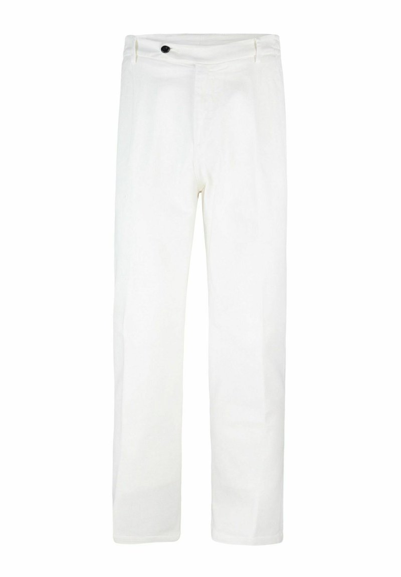 Pantaloni di cotone bianchi con gambe dritte, dotati di chiusura con bottone frontale, passanti per cintura e senza fantasie o decorazioni visibili.