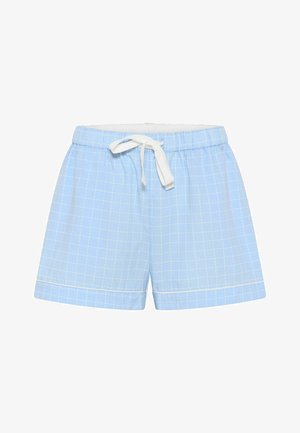 Hellblaue karierten Shorts aus weichem Stoff, mit einem elastischen Bund und einer weißen Kordel sowie weißen Paspeln am Saum.