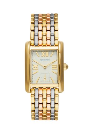Prostokątny zegarek w złotym kolorze z trójkolorową metalową bransoletą, rzymskimi cyframi i małą tarczą sekundnika na godzinie 6, marki Tory Burch.