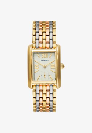 Rechthoekig horloge in goudkleur met een driekleurige metalen schakelband, Romeinse cijferaanduidingen en een kleine secondenwijzer op 6 uur van Tory Burch.