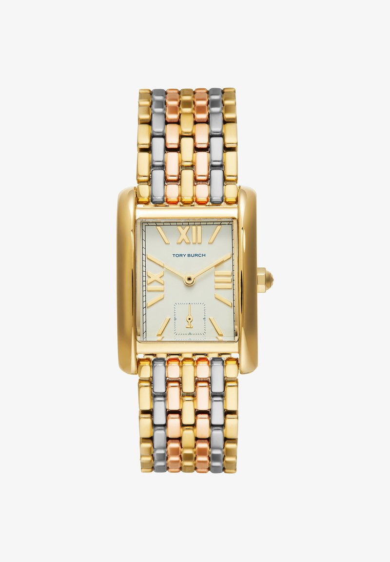 Reloj rectangular en tono dorado con correa metálica tricolor, indicadores con números romanos y pequeño subesfera de segundos a las 6 en punto, de Tory Burch.