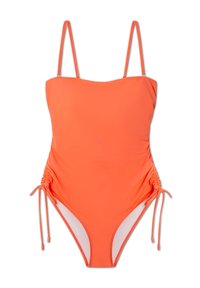Oranje badpak met verstelbare spaghettibandjes, geplooide zijnaad en contrasterende binnenvoering. Gladde textuur, aansluitend ontwerp.