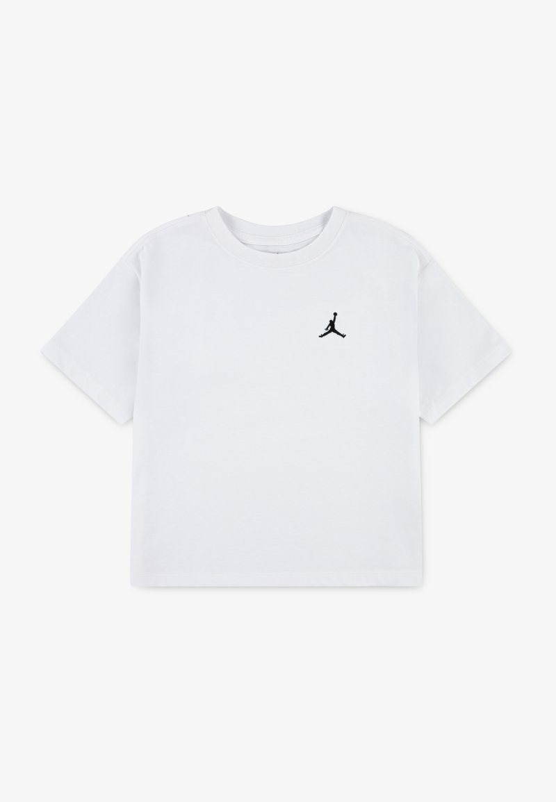 Bijela pamučna majica s crnim Jumpman logom na lijevoj strani prsa, kratkim rukavima i klasičnim zaobljenim izrezom