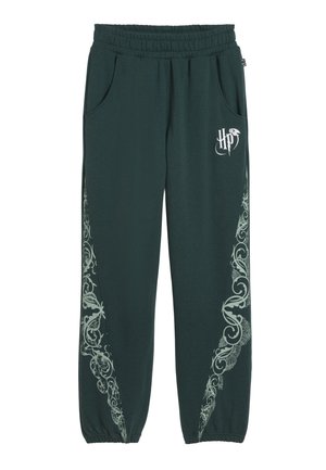 Pantalons de survêtement verts foncés en tissu doux, avec une coupe décontractée, une taille élastique, des poches latérales et des motifs graphiques décoratifs en vert clair.