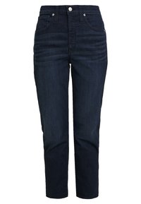 Mörka denimjeans med hög midja, med fem fickor, knappstängning och subtil avblödning längs låren. Rak bendesign.