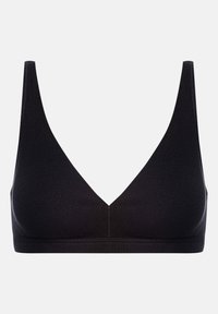 Musta ribbed bralette, jossa on syvä V-pääntie, leveät hihat ja saumatonta muotoilua. Ominaisuuksiin kuuluu pehmeä tekstuuri ja minimaalinen kuluneisuus.