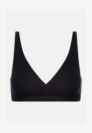Bralette nera a costine con scollatura a V profonda, spalline larghe e design senza cuciture. Presenta una texture morbida e dettagli di cucitura minimi.