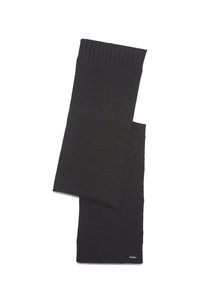 Sciarpa nera lavorata a maglia realizzata in materiale morbido, con bordi a coste e forma piatta. Include un piccolo logo vicino all'angolo inferiore.