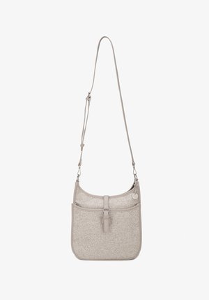 Borsa a tracolla beige con trama, fibbia frontale, angoli arrotondati e tracolla sottile regolabile con fibbie metalliche.