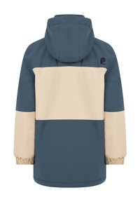 Wasserabweisende Jacke mit Kapuze, im Farbblockdesign in Marineblau und Beige, elastischen Bündchen und einem Logodetail auf der Rückseite.