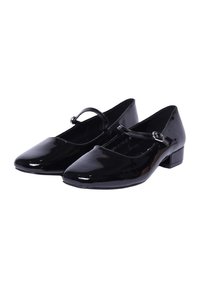 Ballerine in similpelle nera con punta arrotondata, piccolo tacco a blocco e una fascia regolabile sul collo del piede. Superficie liscia e lucida.
