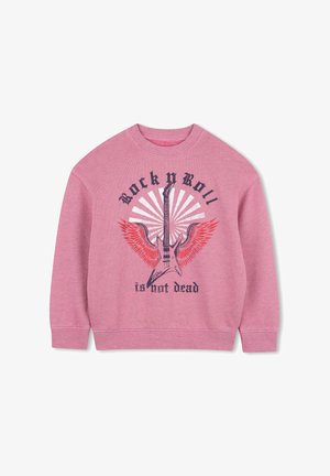 Sweatshirt rose avec un graphique de guitare électrique, des ailes rouges, un soleil éclatant blanc et le texte "Rock y Roll n'est pas mort" sur le devant.