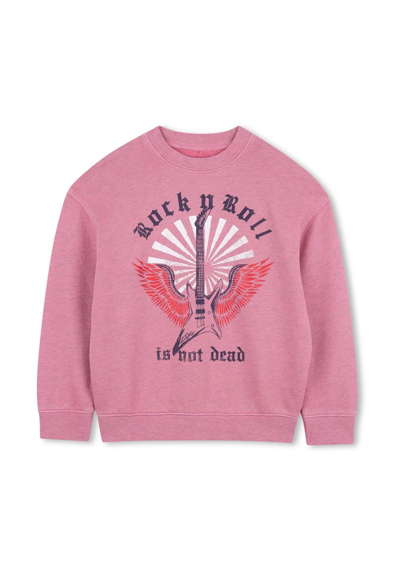 Roze sweatshirt met een elektrische gitaarafbeelding, rode vleugels, witte sunburst en de tekst "Rock 'n Roll is niet dood" op de voorkant.