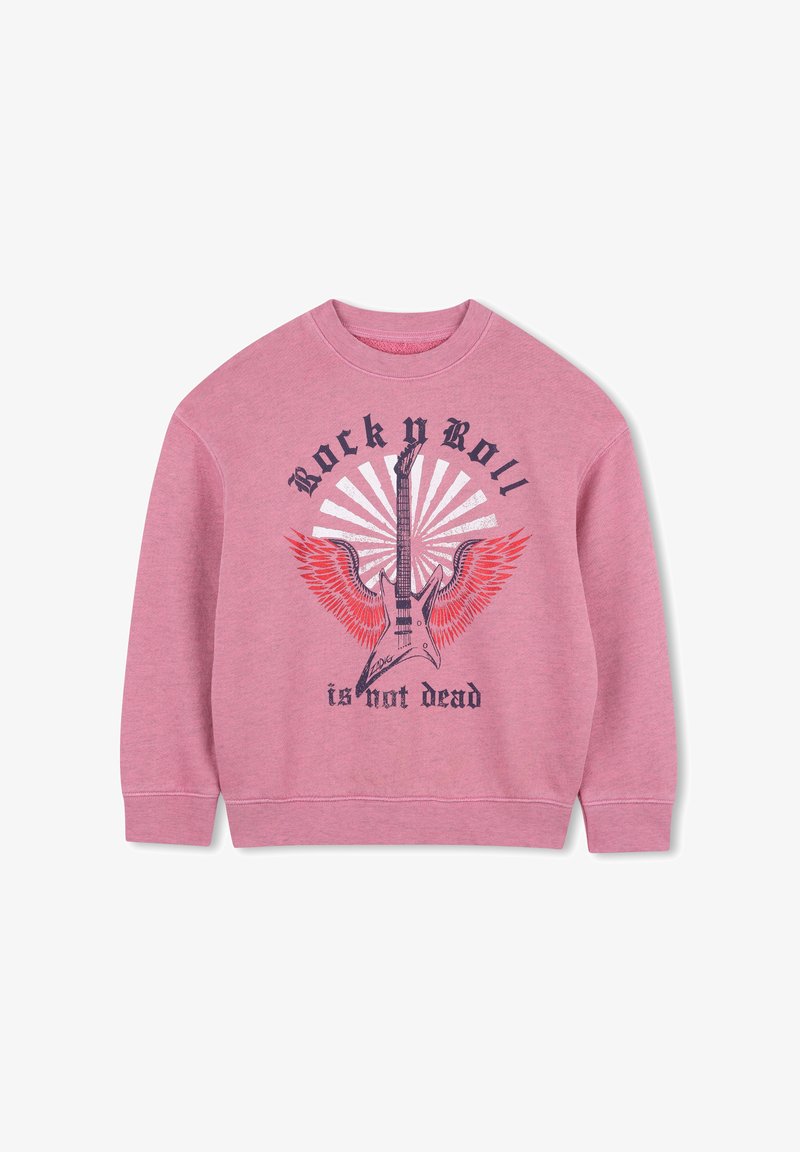 Roze sweatshirt met een elektrische gitaarafbeelding, rode vleugels, witte sunburst en de tekst "Rock 'n Roll is niet dood" op de voorkant.