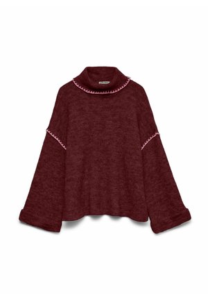 Maglione in maglia bordeaux con colletto alto, ampie maniche a campana e dettagli rosa a onda lungo il colletto e i polsini. Texture morbida.