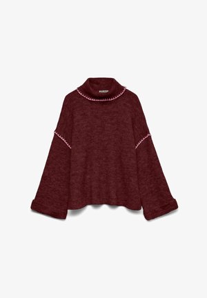 Bordeaux striktrøje med høj krave, brede klokkeærmer og lyserøde bølgede detaljer langs kraven og manchetterne. Blød tekstur.