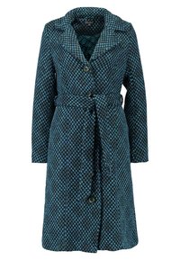 Cappotto lungo color teal con una texture a motivo, dotato di un colletto a revers, due bottoni e una cintura coordinata in vita.