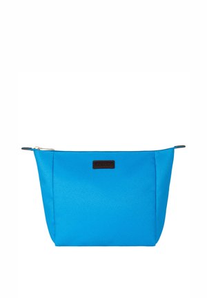 Blue textured fabric zippered pouch with a rectangular shape and a small black label centered near the top.
