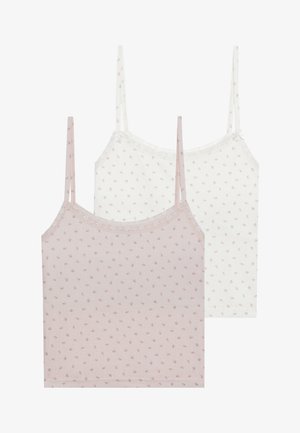 Two camisoles featuring floral patterns; one is pale pink and the other is white. Both have adjustable straps and lace accents.