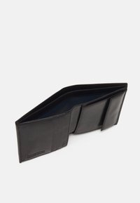 Black leather wallet with multiple card slots, a divided compartment, and a smooth texture. Features a contrasting blue interior.