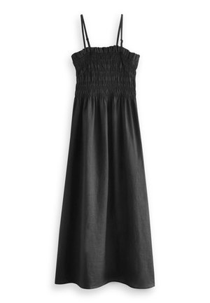 Robe longue noire sans manches avec corsage froncé élastique et fines bretelles réglables.