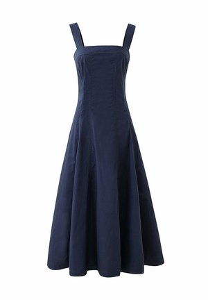 Navyblauwe, mouwloze jurk met een vierkante halslijn. Uitlopende silhoutte, lengte tot de knie, en een gladde stof zonder zichtbare patronen of accenten.