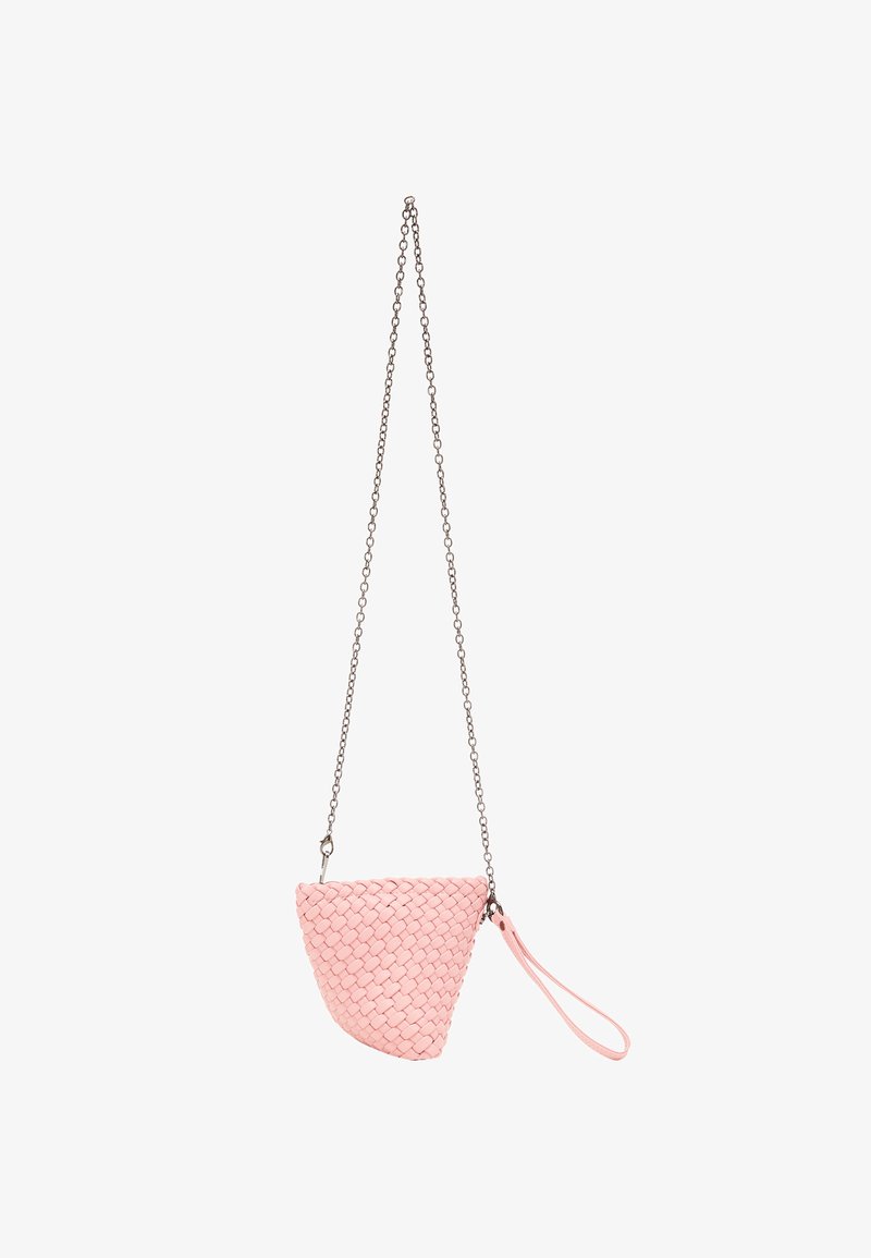 Woven pink leather handbag with a triangular shape, featuring a silver chain strap and a leather wristlet detail.