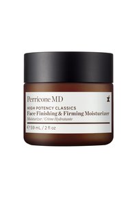 Braunes Glasgefäß mit schwarzem Deckel, gekennzeichnet mit "Perricone MD High Potency Classics Gesichtspflege Abschluss- und Festigungs-Feuchtigkeitsspender," 59 mL.