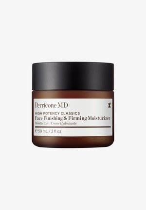 Barattolo di vetro marrone con coperchio nero, etichettato "Perricone MD High Potency Classics Crema Idratante Firmante e Finitrice per il Viso," 59 mL.