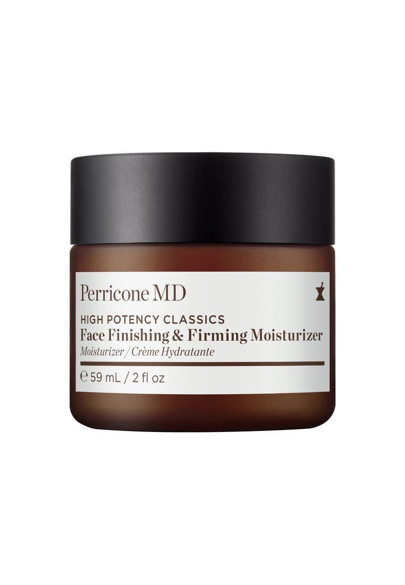 Braunes Glasgefäß mit schwarzem Deckel, gekennzeichnet mit "Perricone MD High Potency Classics Gesichtspflege Abschluss- und Festigungs-Feuchtigkeitsspender," 59 mL.