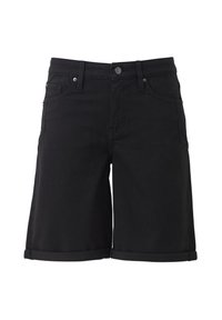 Shorts en denim noirs à taille haute, avec des ourlets retroussés, un design à cinq poches et une fermeture à bouton sur le devant. Texture lisse, coupe classique.