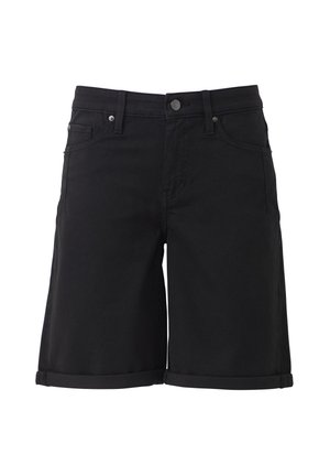 Črne denim kratke hlače z visokim pasom, zavitimi robovi, petimi žepi in sprednjim gumbom za zapiranje. Gladka tekstura, klasičen kroj.