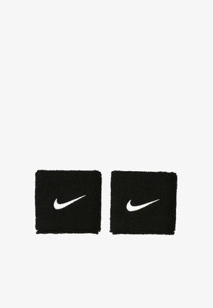Coppia di polsini neri con loghi Nike a forma di swoosh bianchi centrati su ciascuno, realizzati in materiale di spugna.