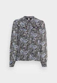 Blusa estampada em paisley em preto e branco com mangas longas, decote franzido e tecido leve e fluido. Apresenta detalhes intrincados.