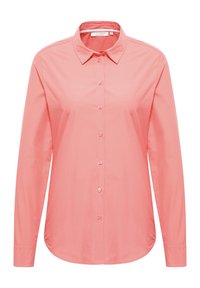 Coral long-sleeve shirt with a classic collar, front button closure, and smooth texture. Features a curved hem and cuffed sleeves.