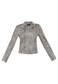Veste en simili cuir grise avec imprimé serpent, design ajusté, fermeture zippée asymétrique et deux poches avant. Présente des accents à pression sur les épaules.