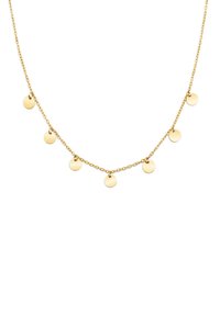 Goldene Halskette mit einer zarten Kette, die sieben kleine, gleichmäßig verteilte kreisförmige Anhänger aufweist, die jeweils durch eine polierte Oberfläche Licht reflektieren.