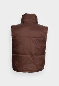 Brown puffer vest with high collar, sleeveless design, shiny texture, horizontal seams, and a smooth finish.