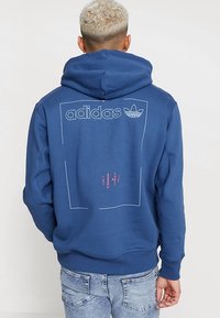 Un sweat à capuche bleu en tissu doux, orné d'un grand logo "adidas" et de graphiques au dos, avec une capuche à cordons de serrage et des poignets côtelés.