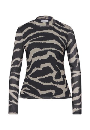 Langermige top van doorschijnende stof met een zwart en beige zebrapatroon. Ontwerp met hoge hals, aansluitende pasvorm en soepele textuur.
